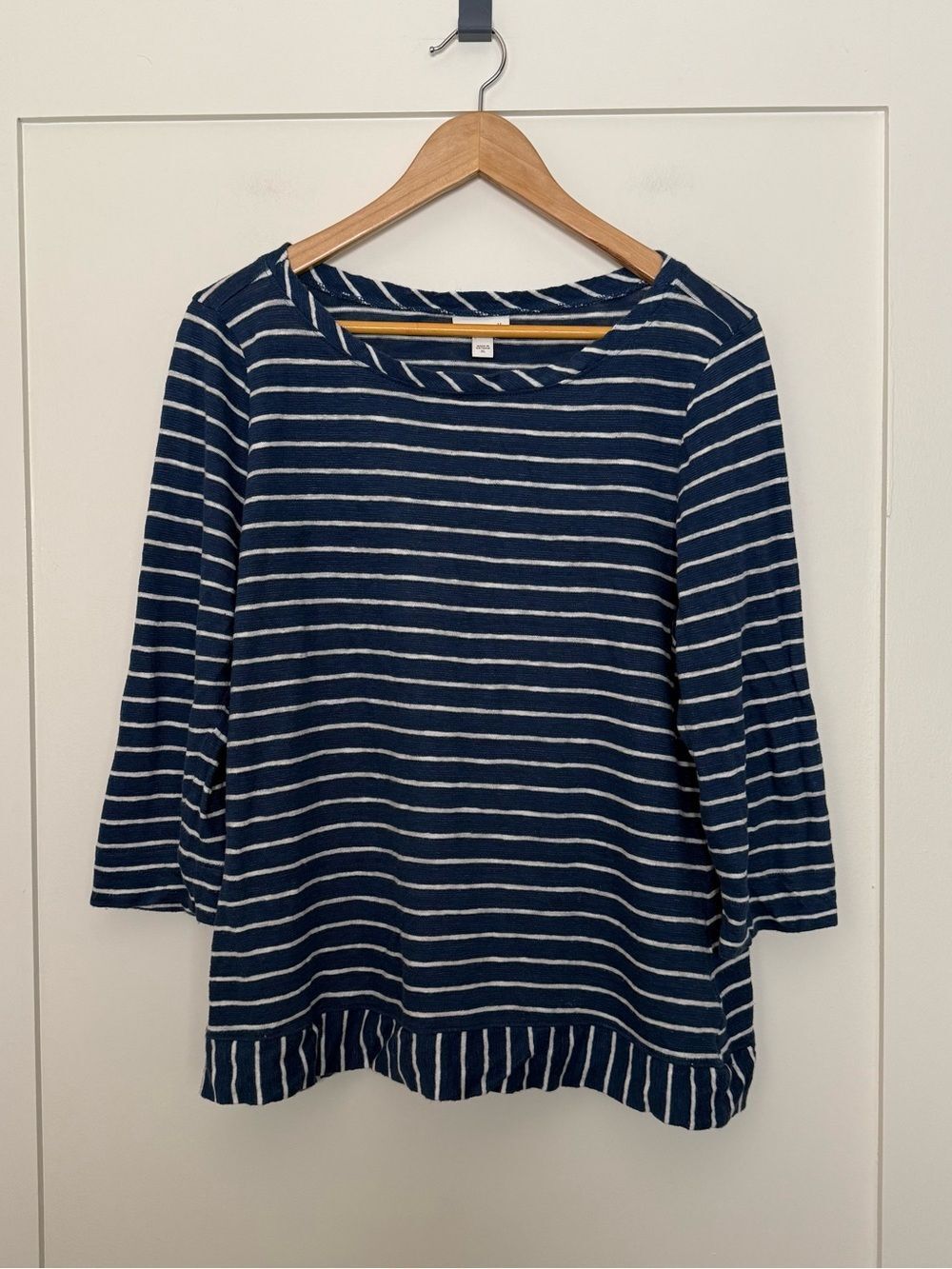 J Jill Top Womens Sz XL Blue Striped 3/4 Sleeve Boat Neck Linen Blend Nautical